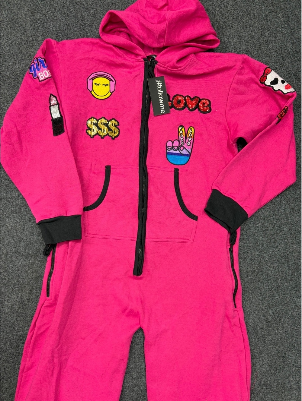 #followme Pink Hoodie Jumpsuit with Colorful Patches Size L